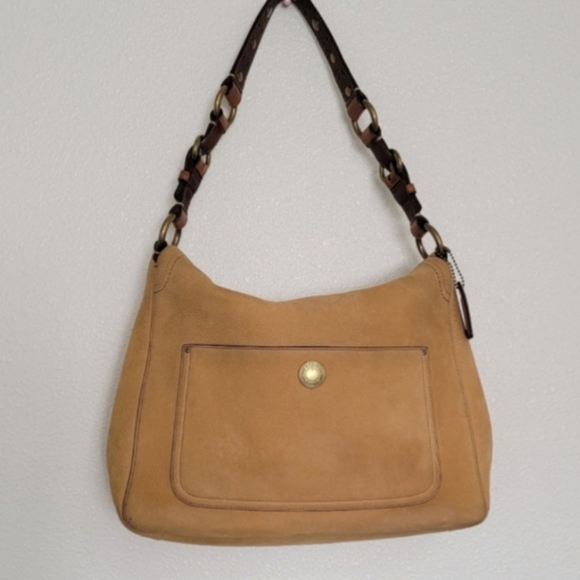 Coach Handbags - Coach Camel Brushed Leather Stud Strap Toggle Top Lock Large Shoulder Purse